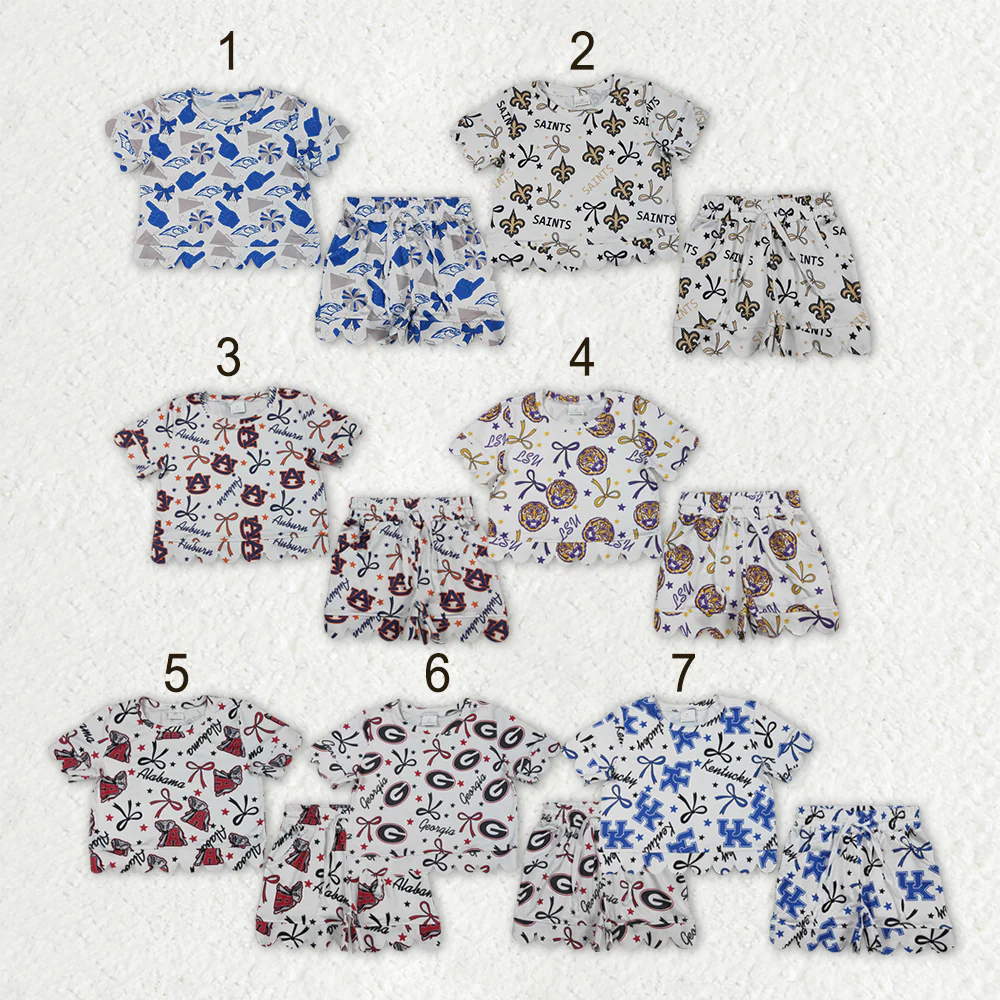 Sibling Baby Girls Kids Short Sleeves Bows Team Shirts Pockets Shorts Sets Scallop Clothes RTS