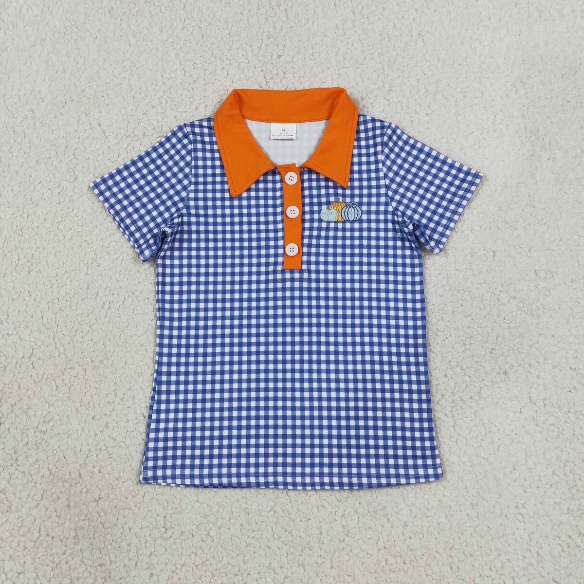 Baby Boys Kids Embroidery Pumpkins Buttons Blue Plaid Shirt Kids Thanksgiving Clothes RTS