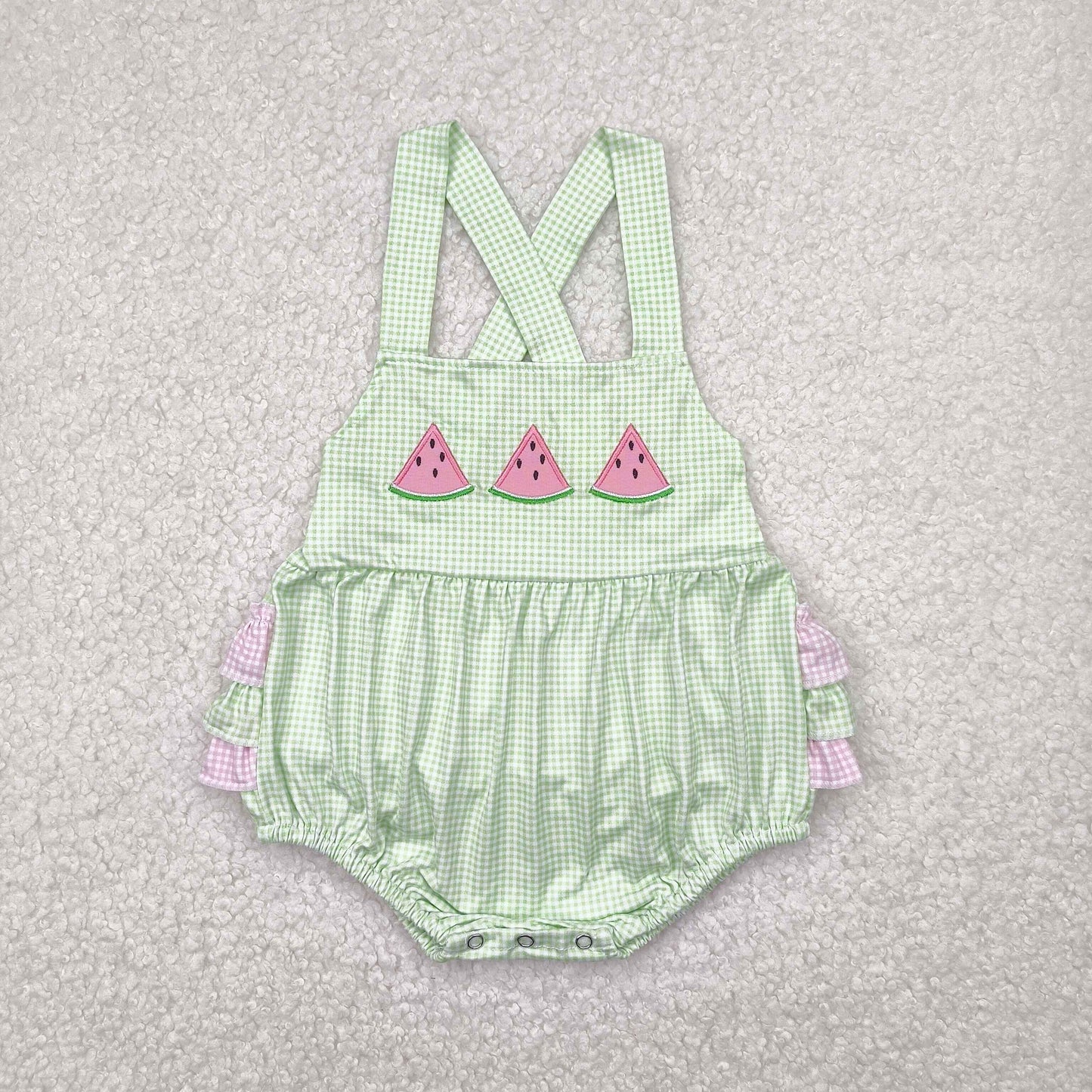 Baby Girl Infant Straps Embroidery Watermelon Green Checked Romper RTS