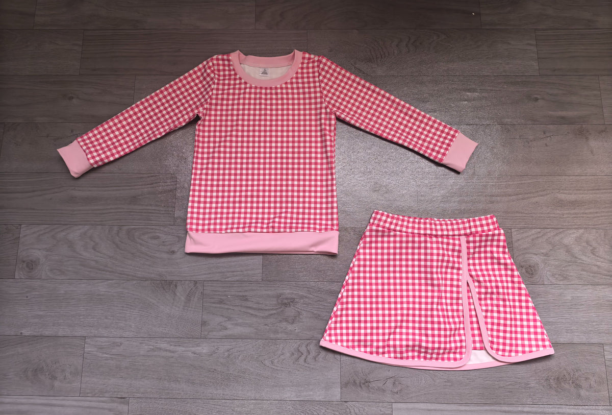 ( No moq ) Preorder Baby Girls Kids Long Sleeves Pink Plaid Shirt Skirt Shorts Set Yoga Active Clothes