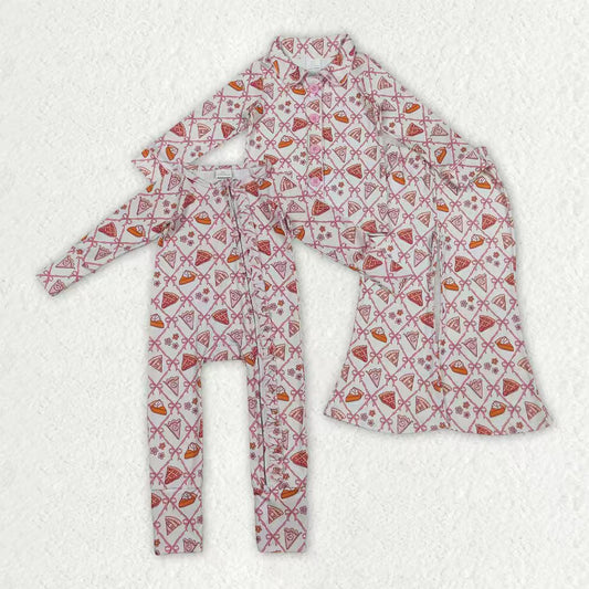 Sibling Kids Girl Long Sleeves Pumpkin Pie Bows Thanksgiving Zipper Romper Pajamas Set RTS