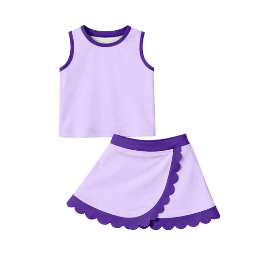 ( Moq 5 ) Preorder Baby Girls Kids Shirt Scallop Skirt Shorts Yoga Active Lavender Set Clothes