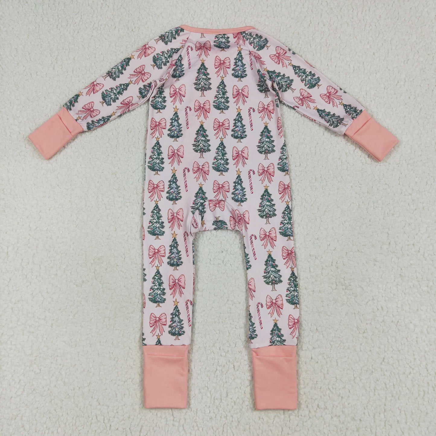 Baby Girl Infant Long Sleeves Tree Bows Christmas Zipper Pink Romper RTS