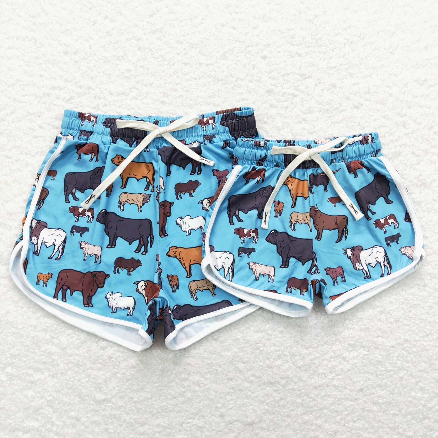 SS0122 Baby Girl Western Cow Print Summer Blue Running Shorts