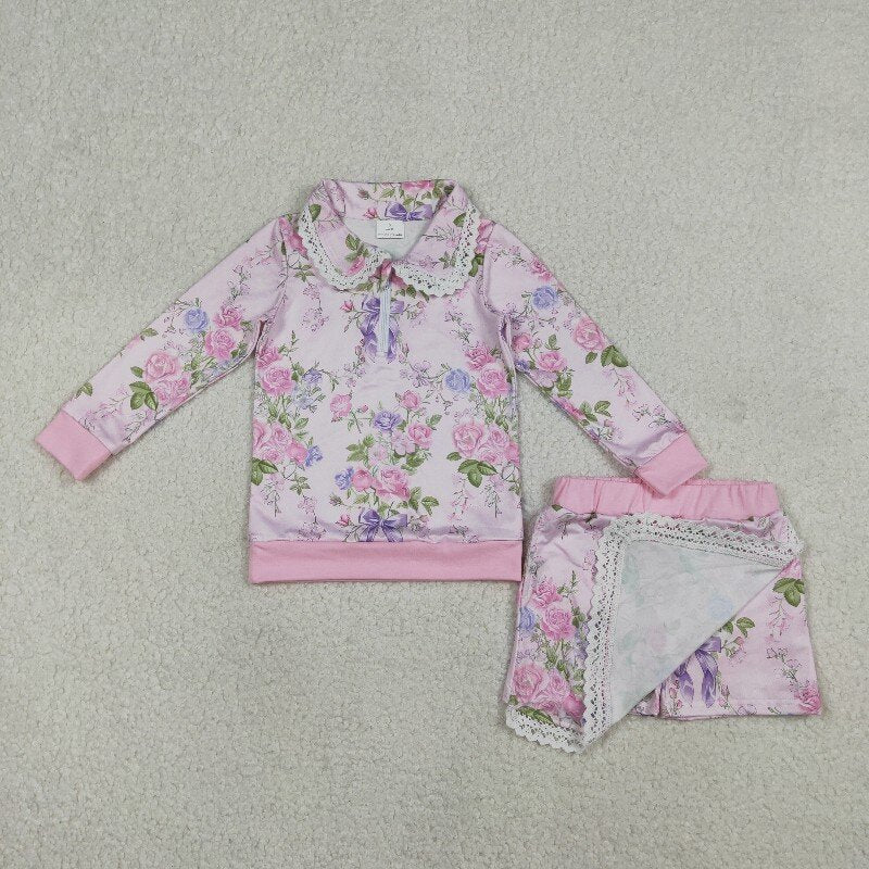 Baby Girls Kids Long Sleeves Flower Zipper Tops Shorts Skirt Pink Clothes Set RTS