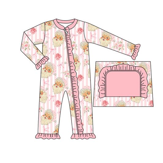 Baby Girl Christmas Santa Flower Bows Pink Stripes Zipper Romper