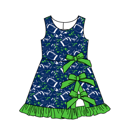 ( Moq 5 Each Style ) Baby Boys Girls Kids Football Sibling Shorts Romper Green Bows Dresses Set Team Clothes