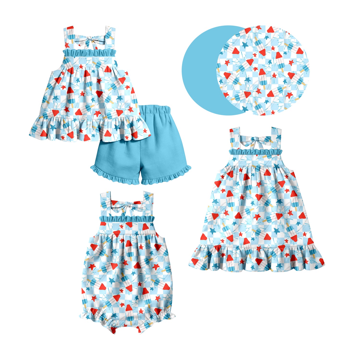 ( Moq 5 Each Style ) Baby Girls Kids Sleeveless Popsicle Stars Sibling 4th of July Romper Dress Set