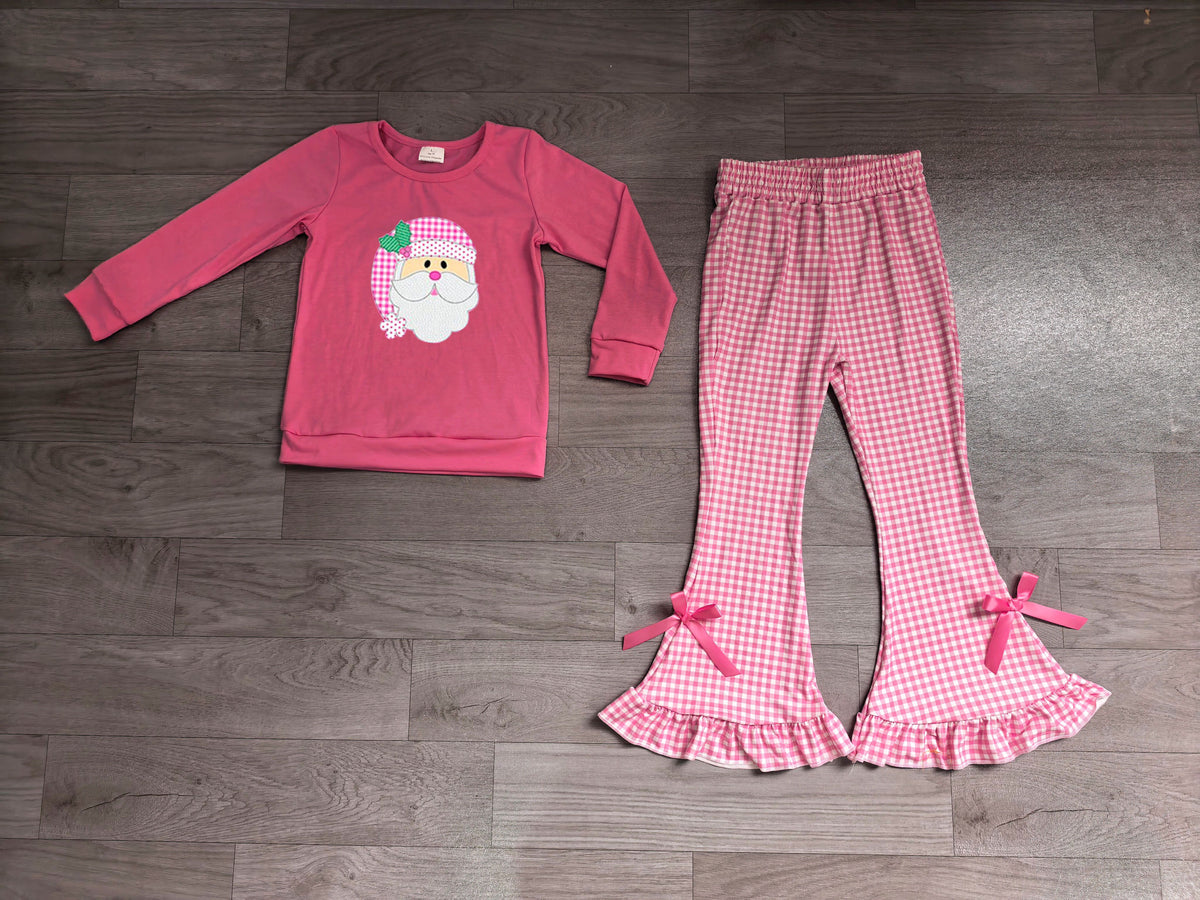 ( No moq ) Preorder Baby Girls Kids Embroidery Christmas Santa Shirt Pink Plaid Bows Pants Set Clothes