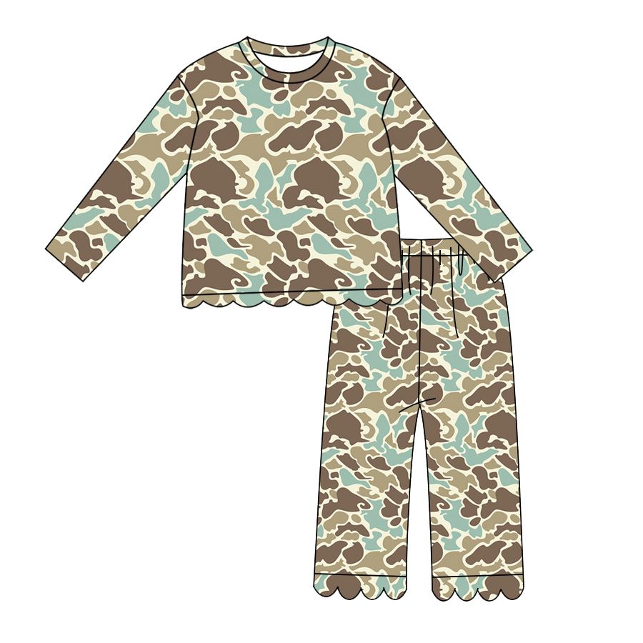 ( Moq 5 ) Preorder Baby Girls Kids Long Sleeves Camo Shirt Pants Scallop Set Clothes