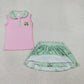 Baby Girls Kids Sleeveless Embroidery Golf Truck Pink Tops Green Plaid Skirt Clothes Set RTS