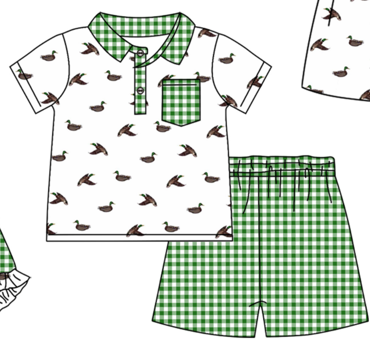 Baby Boy Girl Ducks Bows Sibling Matching Green Dress Romper Clothes Set ( Moq 5 Each style )