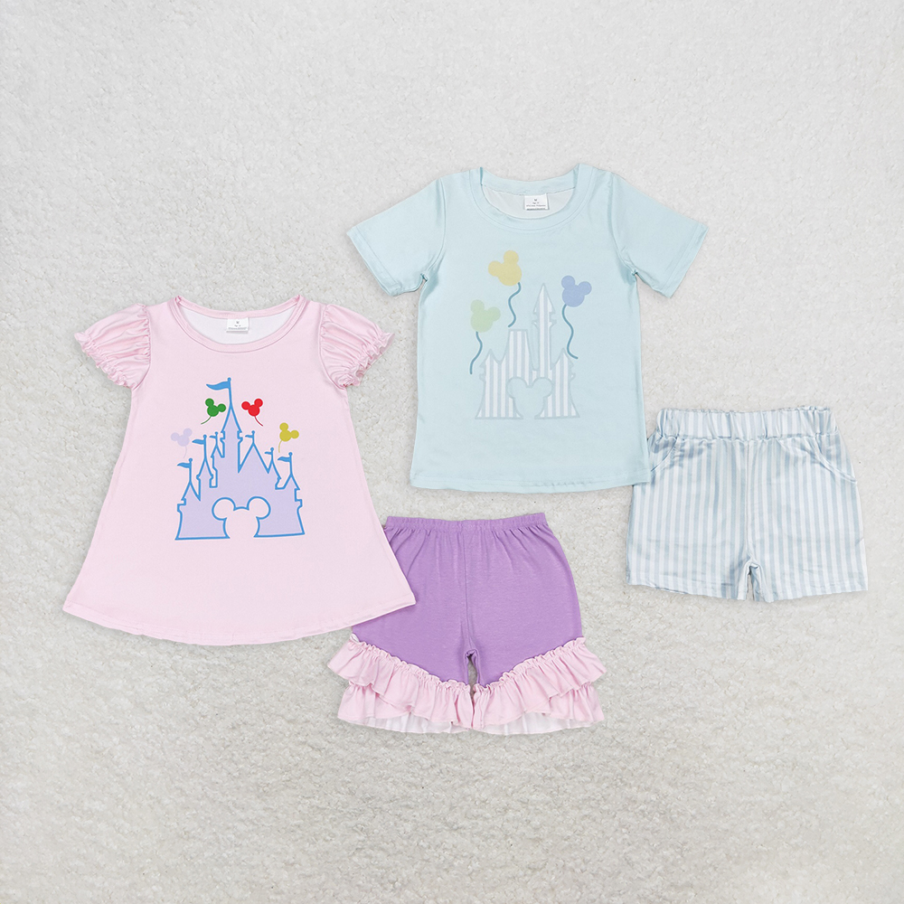 Baby Boy Girl Kids Short Sleeves Castle Balloons Sibling Cartoon Clothes Set RTS
