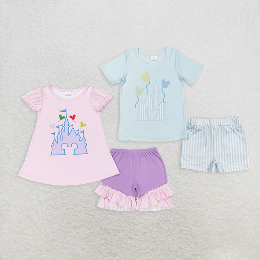 Baby Boy Girl Kids Short Sleeves Castle Balloons Sibling Cartoon Clothes Set RTS