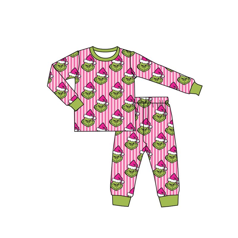 ( Moq 5 ) Preorder Baby Girls Kids Christmas Green Face Stripes Shirt Pants Set Pajamas Clothes