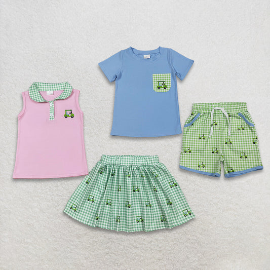 Sibling Baby Boys Girls Kids Embroidery Golf Tops Plaid Bottoms Summer Clothes Sets RTS