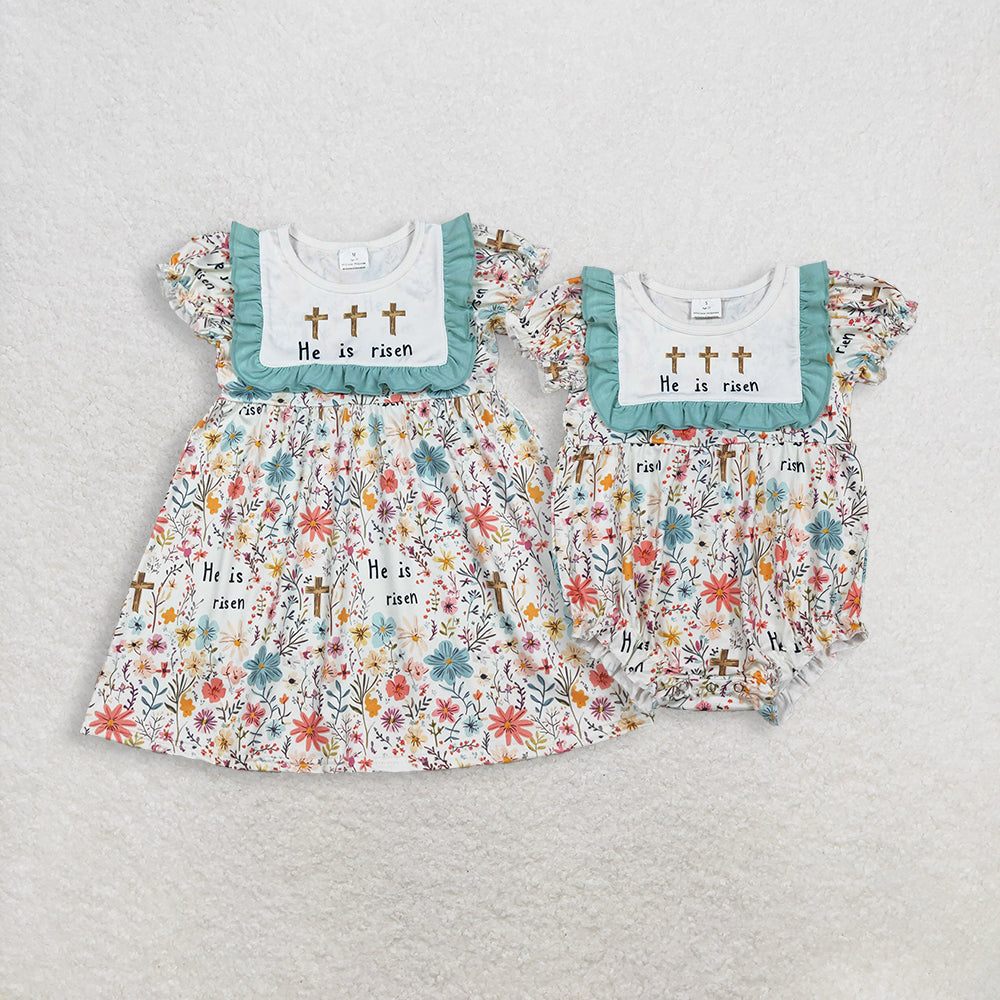 Sibling Baby Girls Short Sleeves Crosses Flower Easter Romper Knee Length Dress RTS