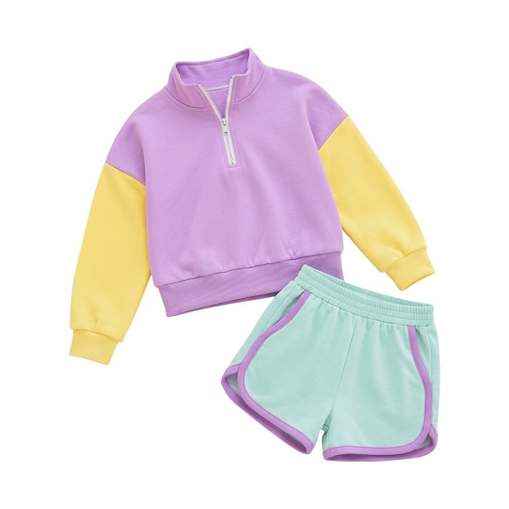 ( Moq 5 ) Preorder Toddler Girls Contrast Half Zip Collar Sweatshirt Athletic Shorts Tracksuit Set