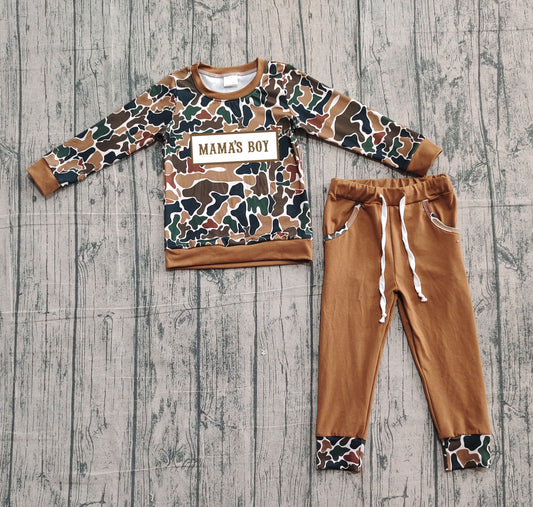 ( No moq ) Preorder Baby Boys Kids Embroidery Mama's Boy Camo Shirt Brown Pockets Pants Clothes Set