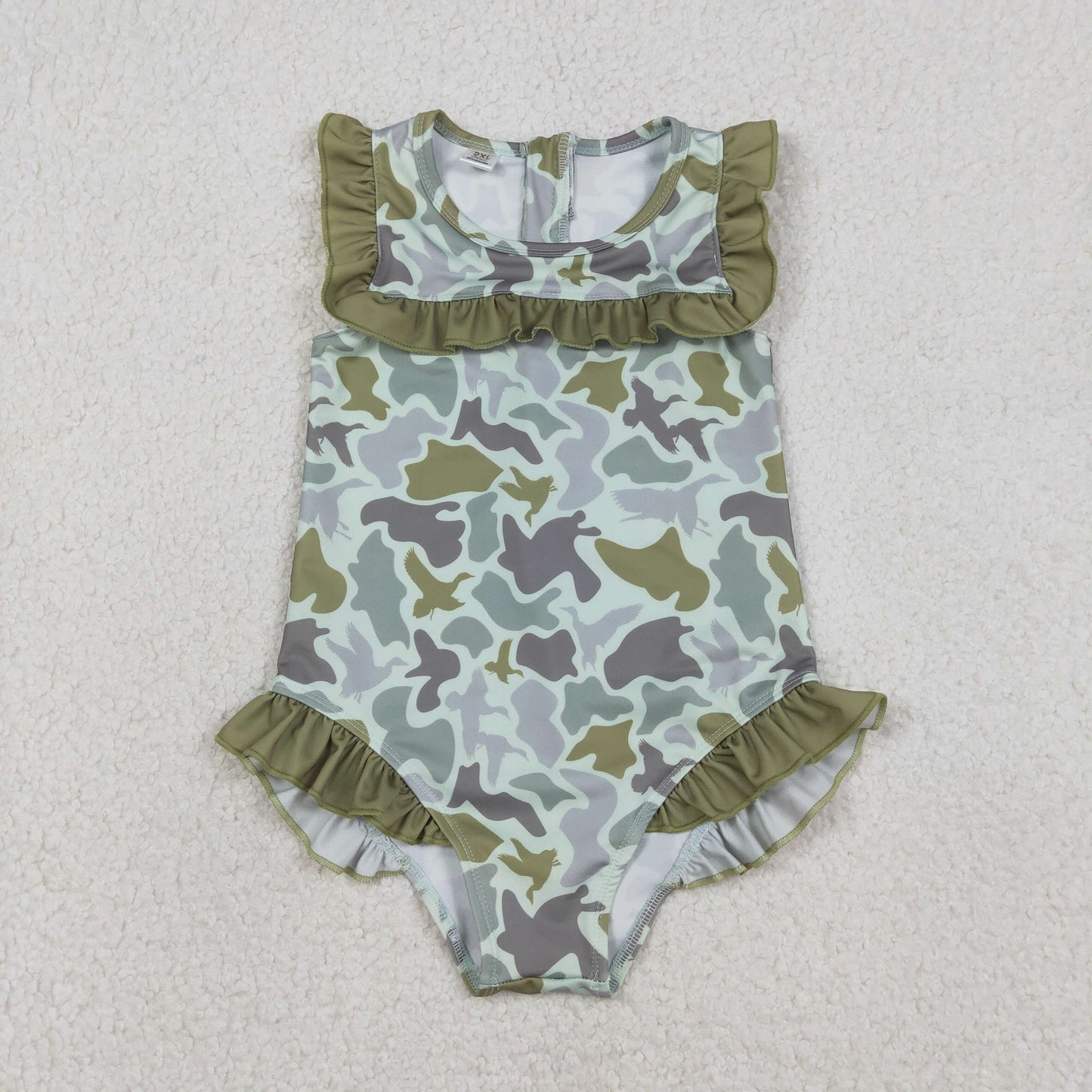 Baby Girls Kids Short Sleeves Ducks Camo Green Ruffle One-piece Swimsuit RTS