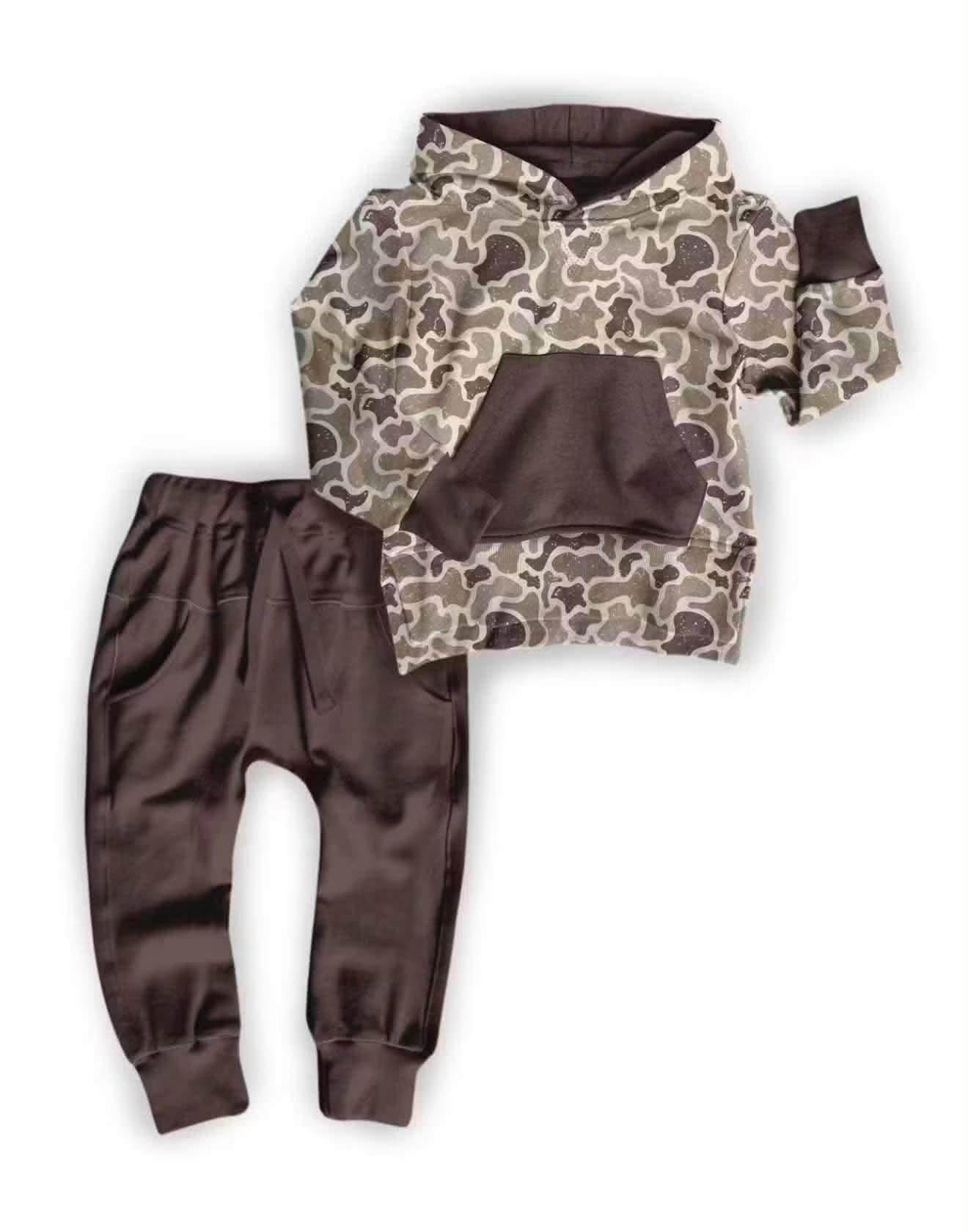 ( Moq 5 ) Preorder Baby Boys Kids Camo Hoodie Pullover Pockets Brown Pants Set Clothes