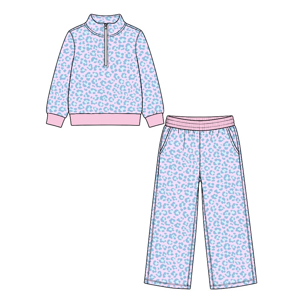 ( Moq 5 ) Preorder Baby Girls Kids Long Sleeves Zipper Pullover Shirt Leopard Pockets Pants Set Clothes