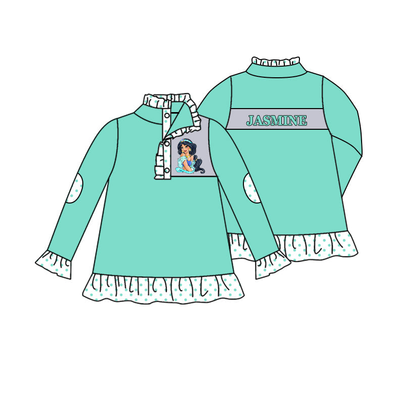 Baby Girl Long Sleeves Cartoon Princess Green Pullover Shirt Moq 5