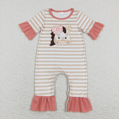 SR0674 Baby Girl Short Sleeves Embroidery Horse Stripes Ruffle One Piece Romper