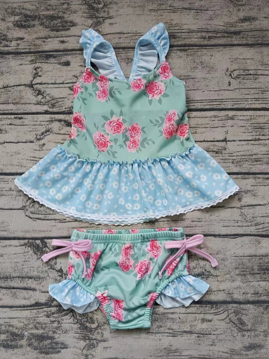 Moq 5 Baby Girl Bathing Suit Sleeveless Flower Tops Shorts Set Swimsuit