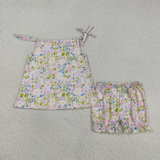 Baby Girls Straps Flower Tunic Ruffle Shorts Summer Clothes Set RTS