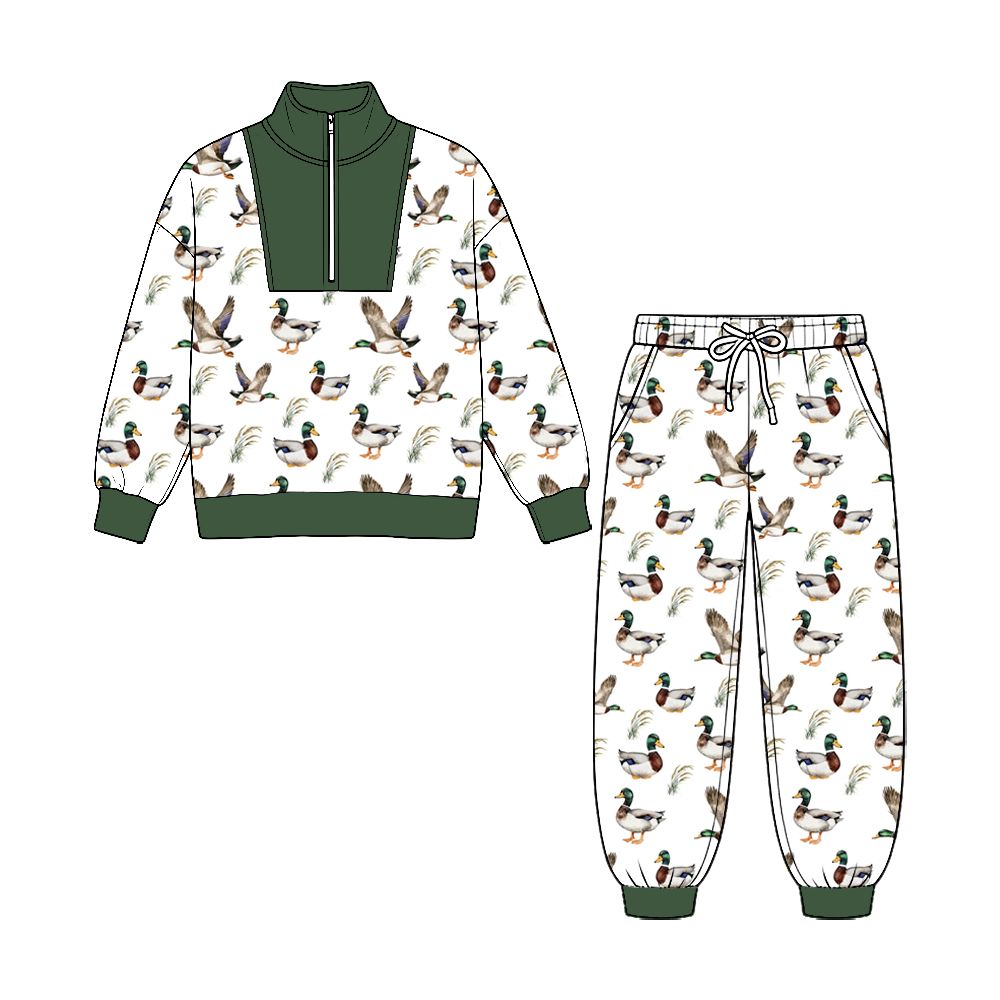 ( No moq ) Preorder Baby Boys Kids Long Sleeves Ducks Zipper Pullover Pockets Pants Set Clothes