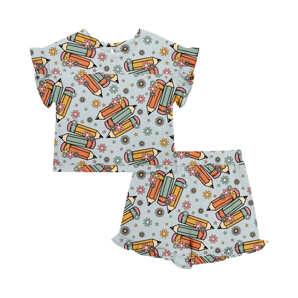 ( Moq 5 Each Style ) Sibling Baby Girls Kids Short Sleeves Pencil Bows Flower Shirts Shorts Back to School Sets