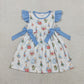 Baby Girls Kids Short Sleeves Rabbits Blue Bows Easter Knee Length Dress RTS