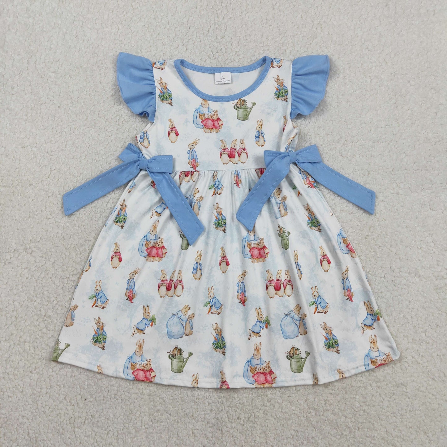 Baby Girls Kids Short Sleeves Rabbits Blue Bows Easter Knee Length Dress RTS