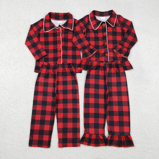 Sibling Baby Boys Girls Long Sleeves Checked Buttons Shirt Pants Christmas Pajamas Sets RTS