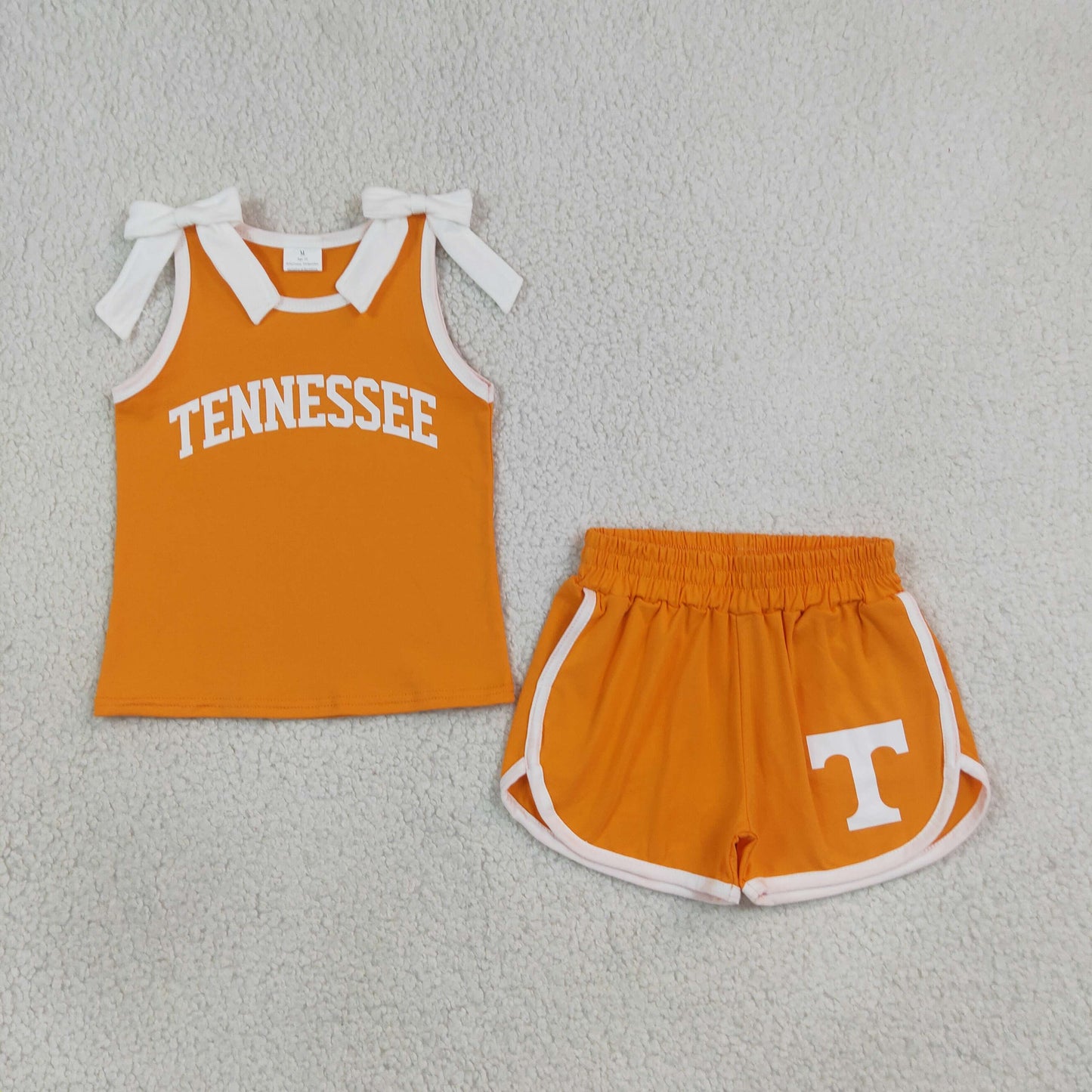 Baby Girls Kids Sleeveless Bows Cotton Shirt Shorts Orange Set Cheer Team Clothes RTS
