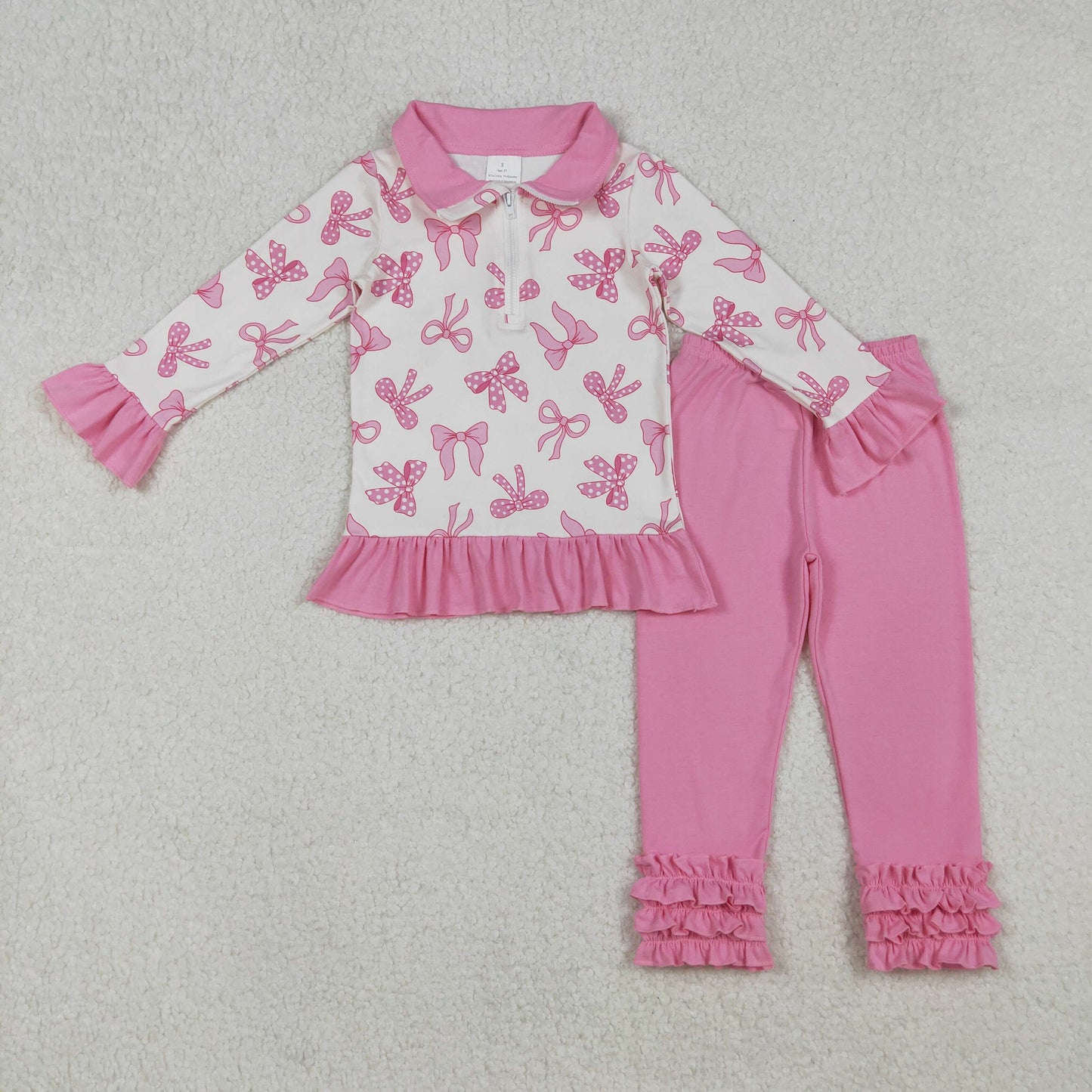 Girls kids Pink Bows Zipper Pullover Shirt Pink Ruffle Pants Clothes Set RTS