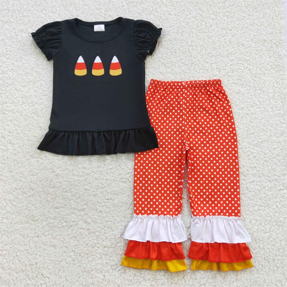 BSPO0121 Baby Boy Halloween Embroidery Short Sleeves Candy Shirt Plaid Pants Outfit