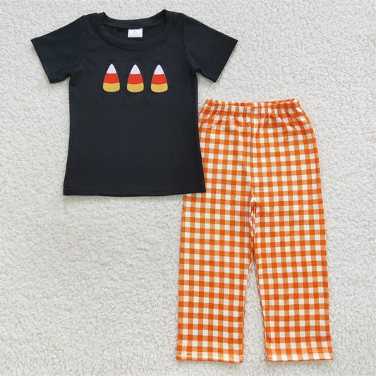 BSPO0121 Baby Boy Halloween Embroidery Short Sleeves Candy Shirt Plaid Pants Outfit