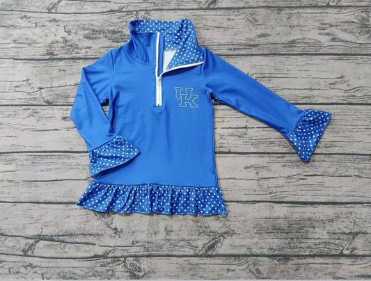 Baby Girl Long Sleeves Team Zipper Blue Ruffle Shirt Tops Moq 5