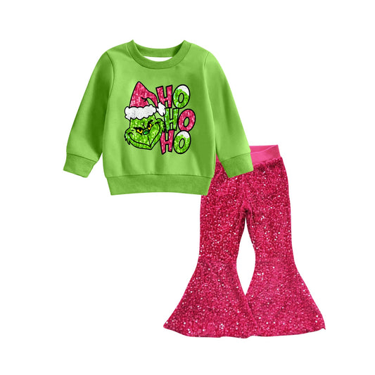 Baby Girl Green Long Sleeves Christmas Face Shirt Pink Sequins Pants Set