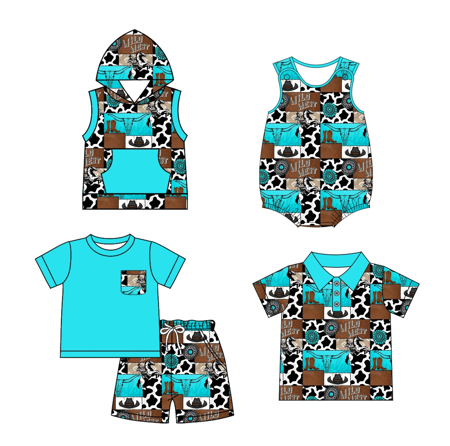 Baby Boy Western Cow Sibling Romper Shirt Set ( Moq 5 Each Style ) 1.18