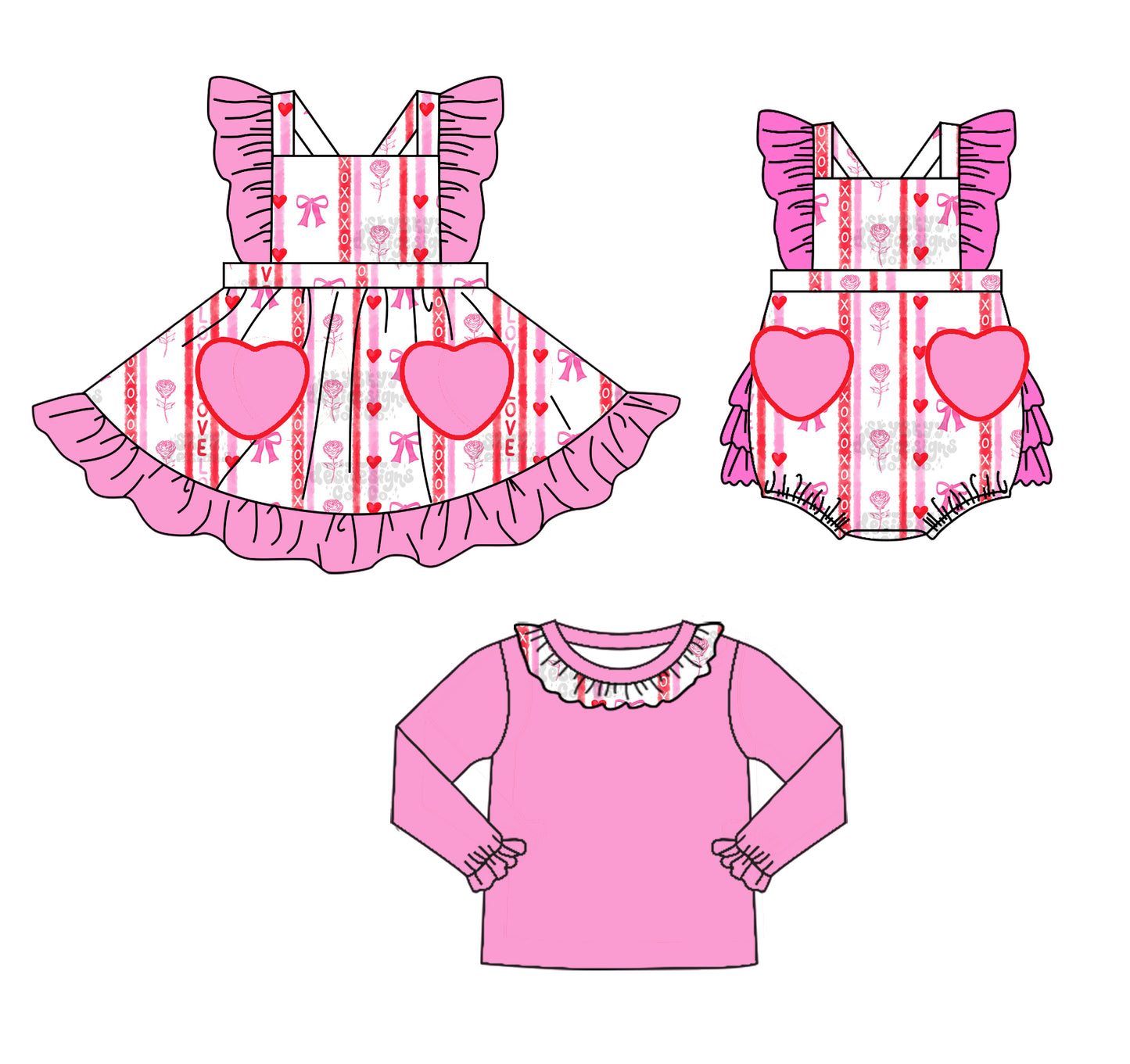 Baby Girl Valentine Day Bows Hearts Sibling Matching Romper Dress Pink Clothes ( Moq 5 Each Design )