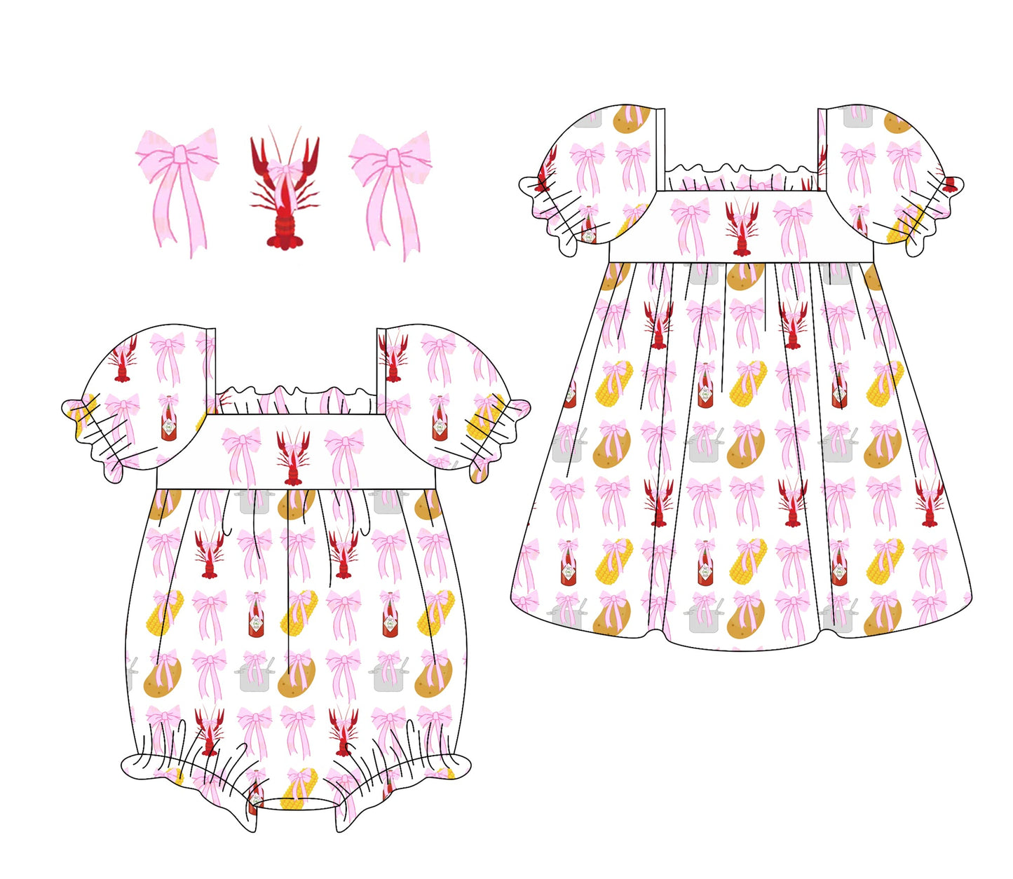 Baby Girl Bows Crawfish Sibling Romper Dress ( Moq 5 Each Style ) 1.11