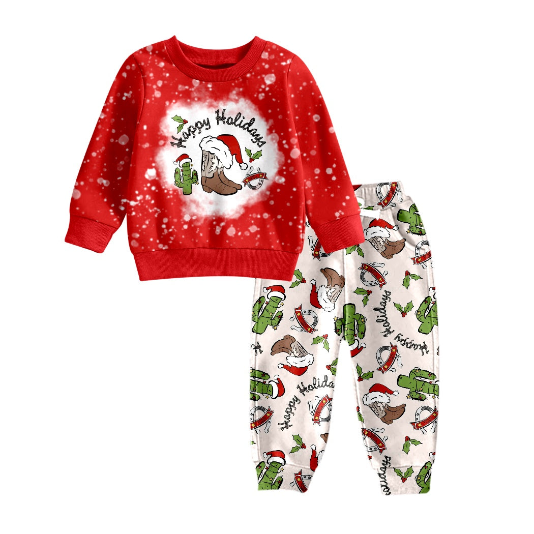 Baby Boy Toddler Long Sleeves Christmas Boots Cactus Shirt Pants Set