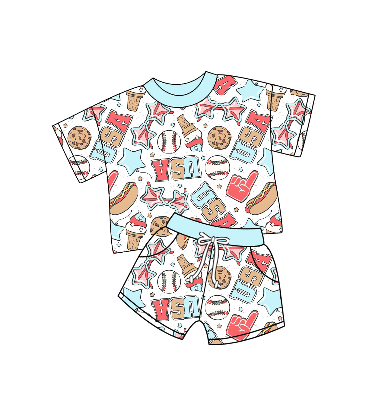 Baby Girl Short Sleeves July 4th Baseball Shirt Shorts Set ( Moq 5 ) 12.31