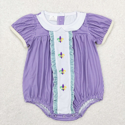 SR0471 Baby Girl Mardi gras Embroidery Short Sleeves Purple Plaid Romper