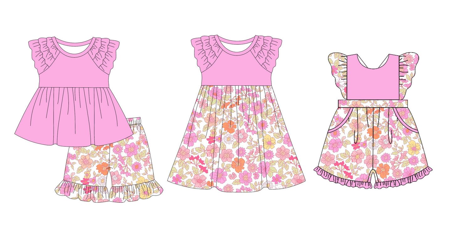 Baby Girl Pink Short Sleeves Sibling Flower Jumpsuit Dress Set ( Moq 5 Each Design ) 12.10