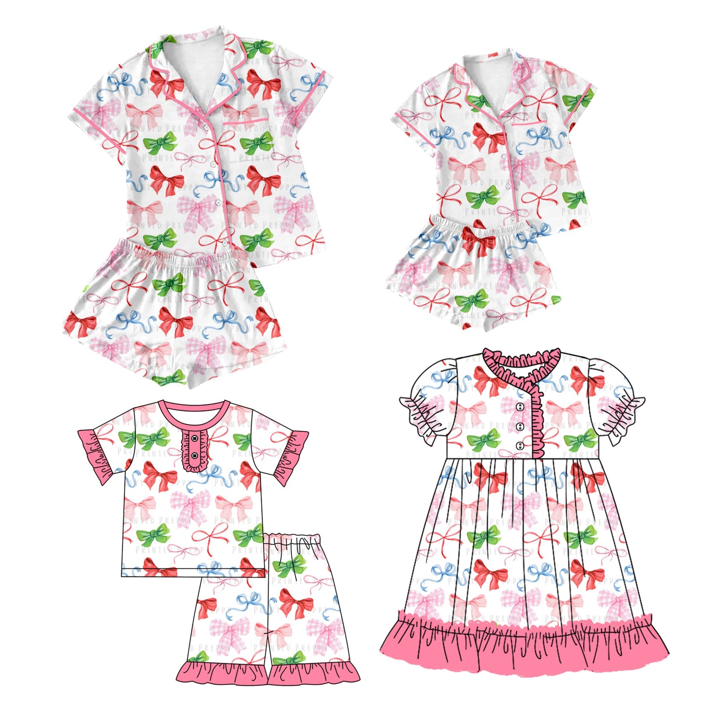 Baby Girl Toddler Adult Women Short Sleeves Bows Sibling Family Dress Pajamas Set ( Moq 5 Each Style ) 12.11