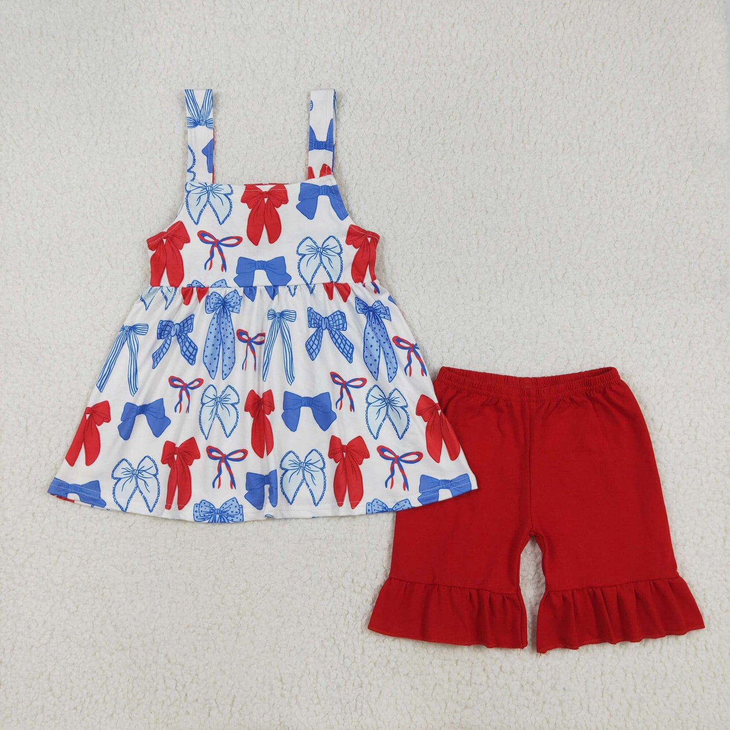 Baby Girl Straps July 4th Bows Tunic Red Shorts Clothes Set RTS